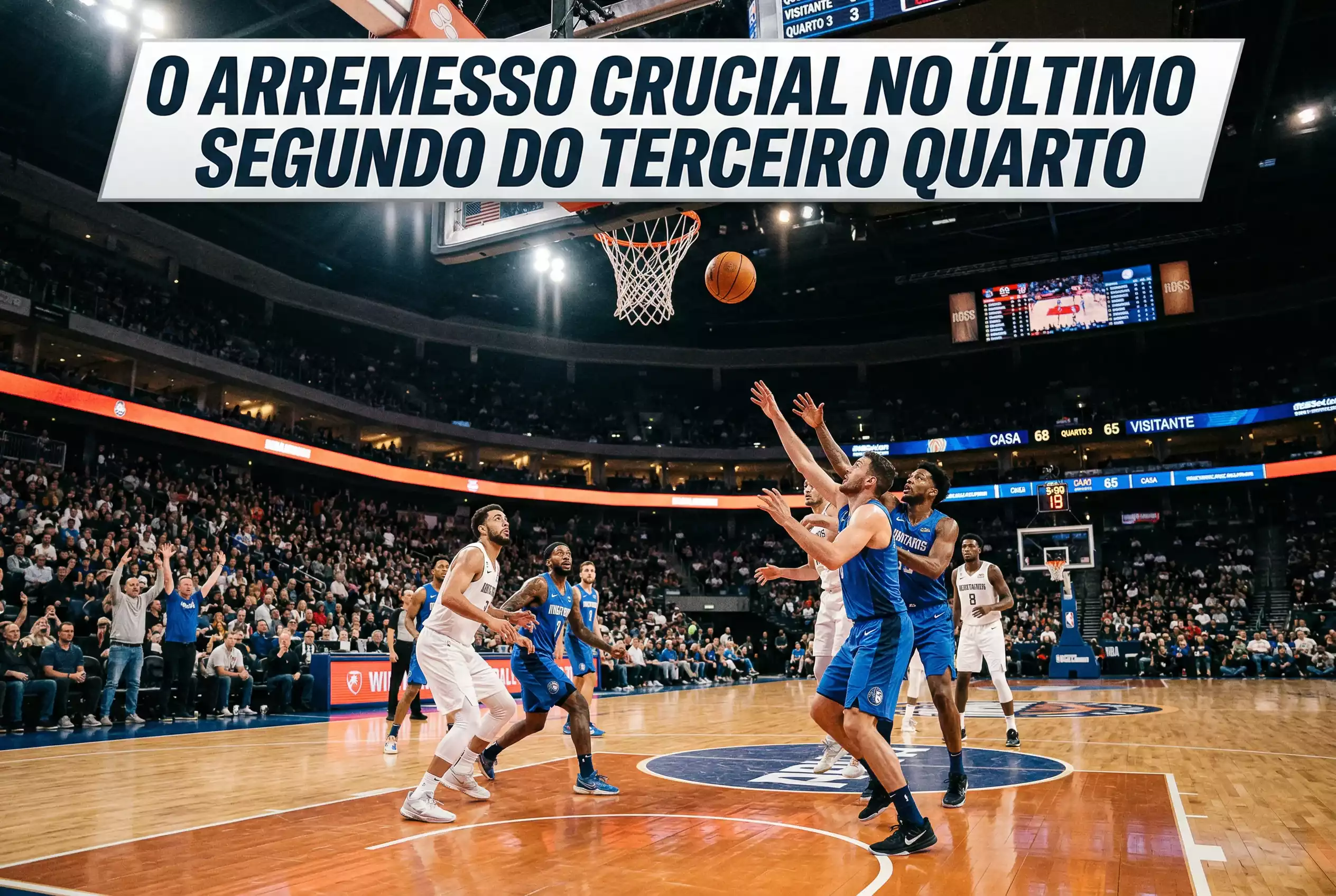 Campo de basquetebol com tabela e bola em acao