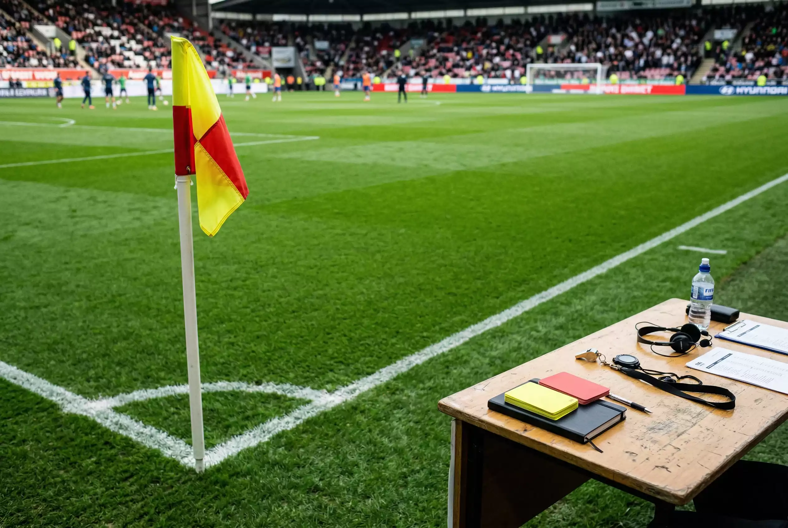 Bandeira de canto e cartao amarelo num campo de futebol