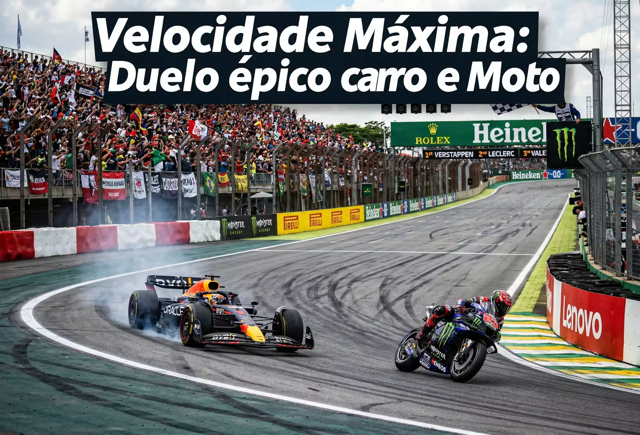 Carro de Formula 1 e mota de MotoGP em pista de corrida