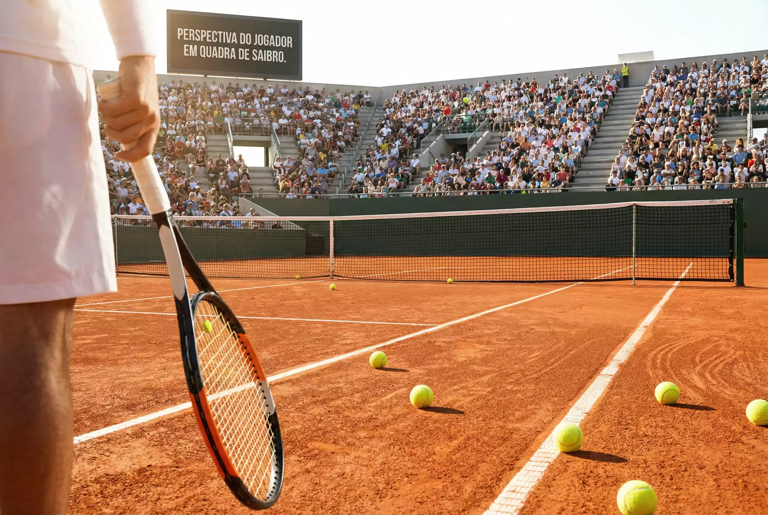 Campo de tenis com raquete e bola em primeiro plano