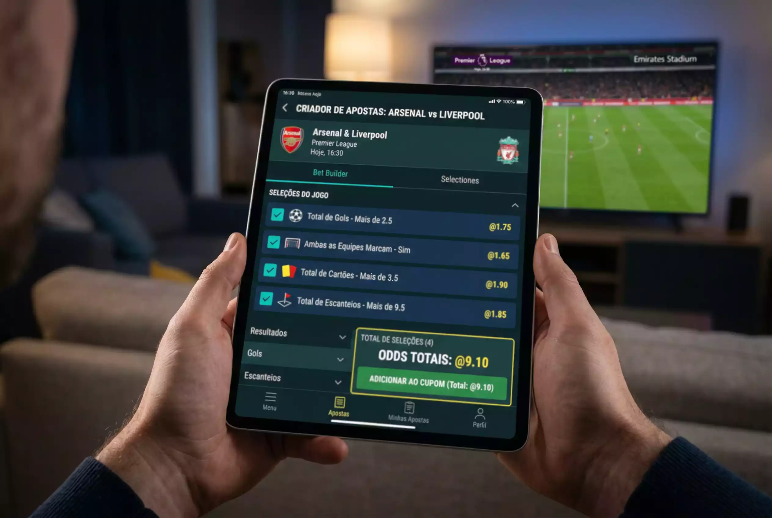 Interface de bet builder com selecoes de apostas num jogo de futebol