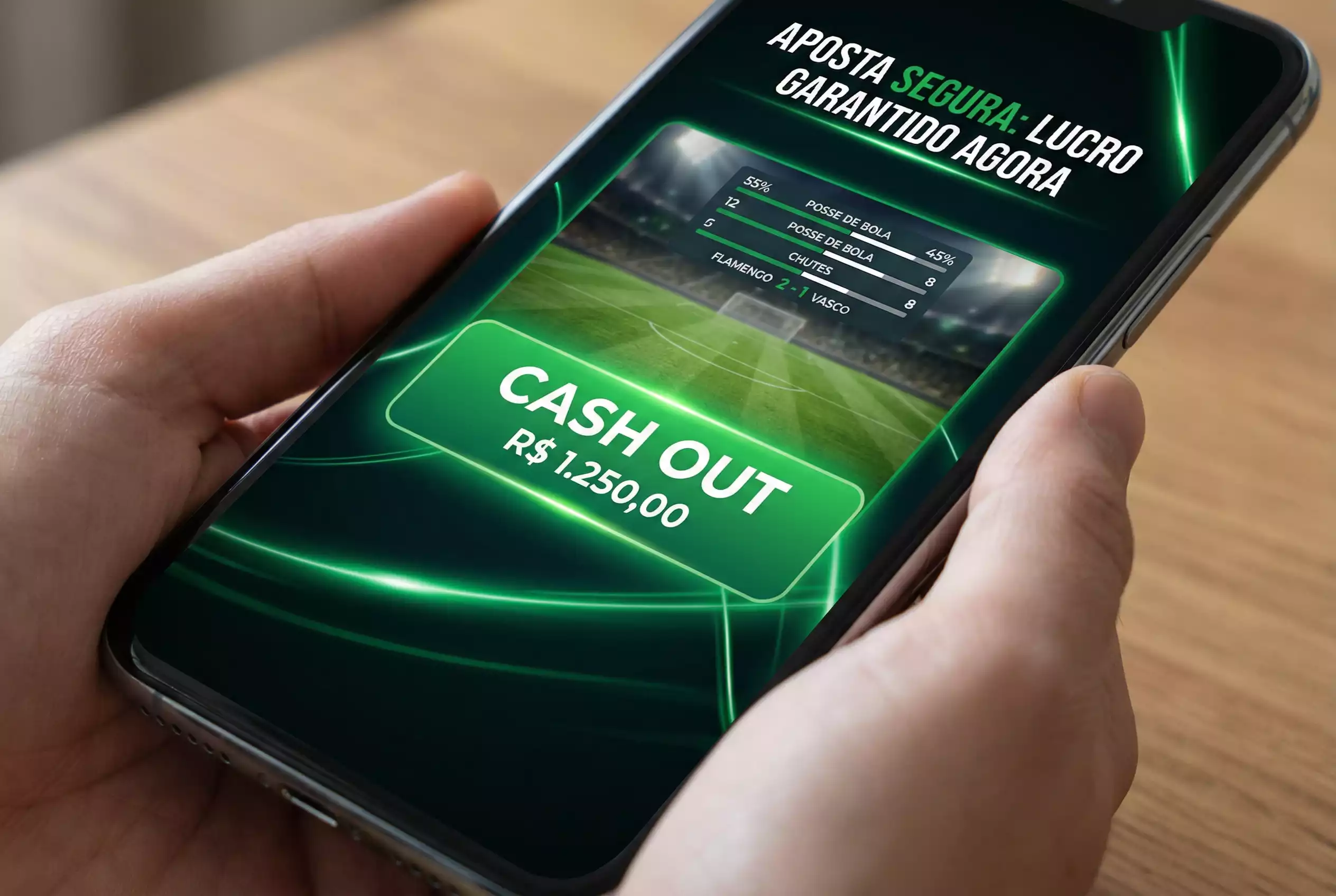 Telemovel com aplicacao de apostas mostrando funcao de cash out em tempo real