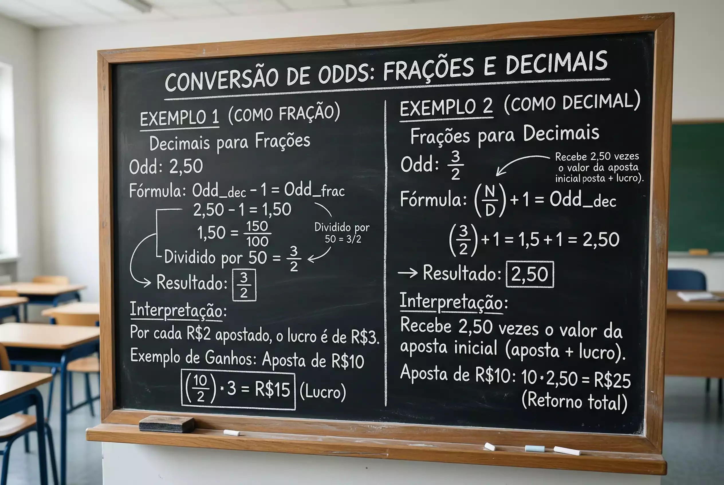 Quadro com diferentes formatos de odds e calculos