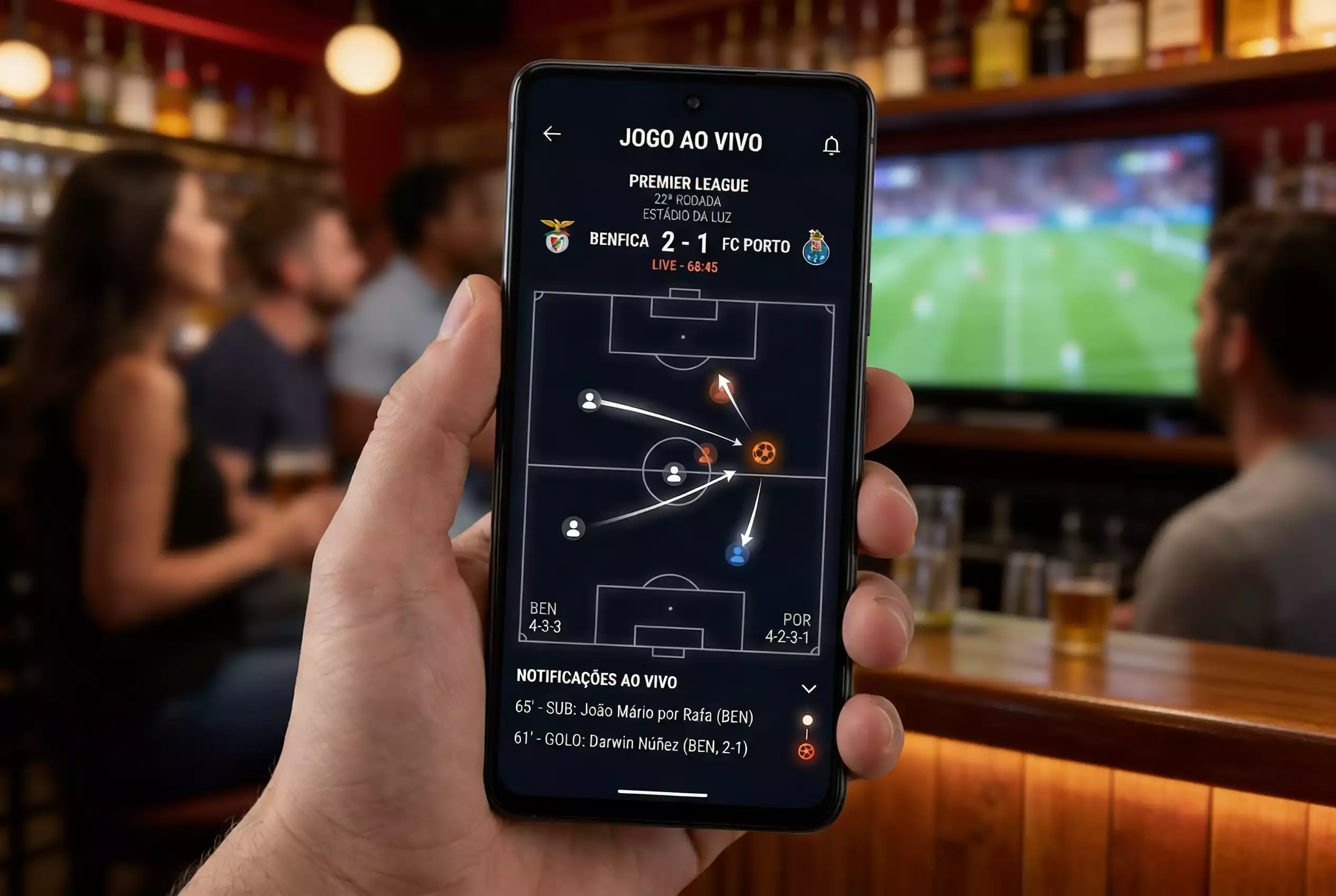 Ecra com match tracker mostrando estatisticas de jogo em tempo real