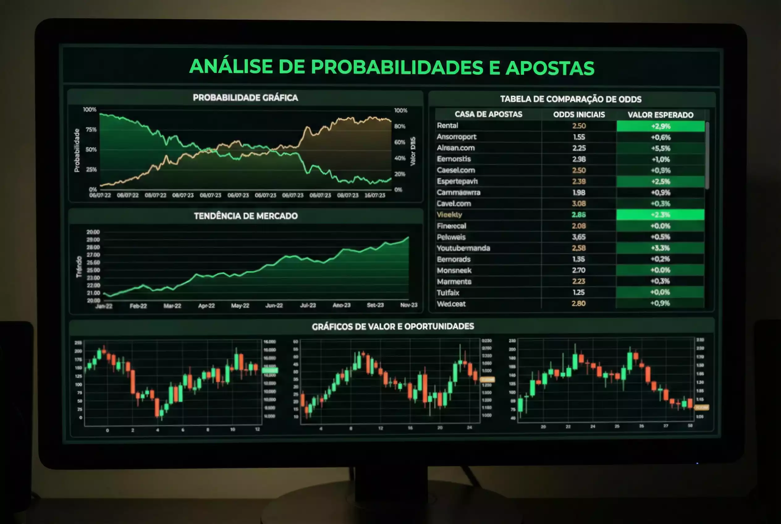 Graficos de probabilidades e odds numa tela de computador