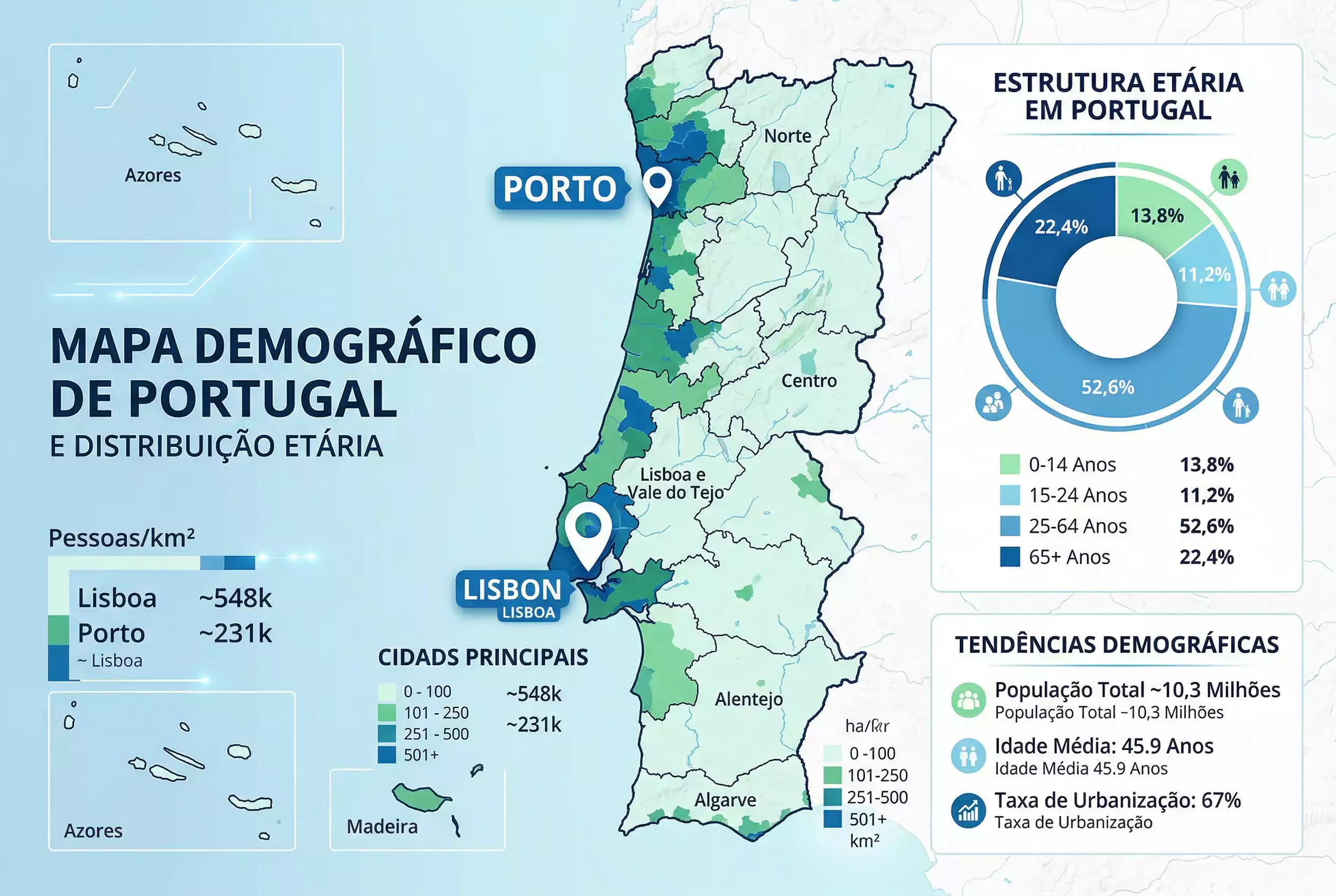 Mapa de Portugal com infograficos demograficos